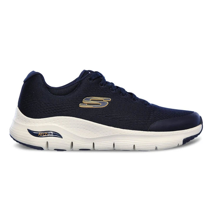 A navy blue Skechers Arch Fit running shoe with white sole and enhanced arch support.