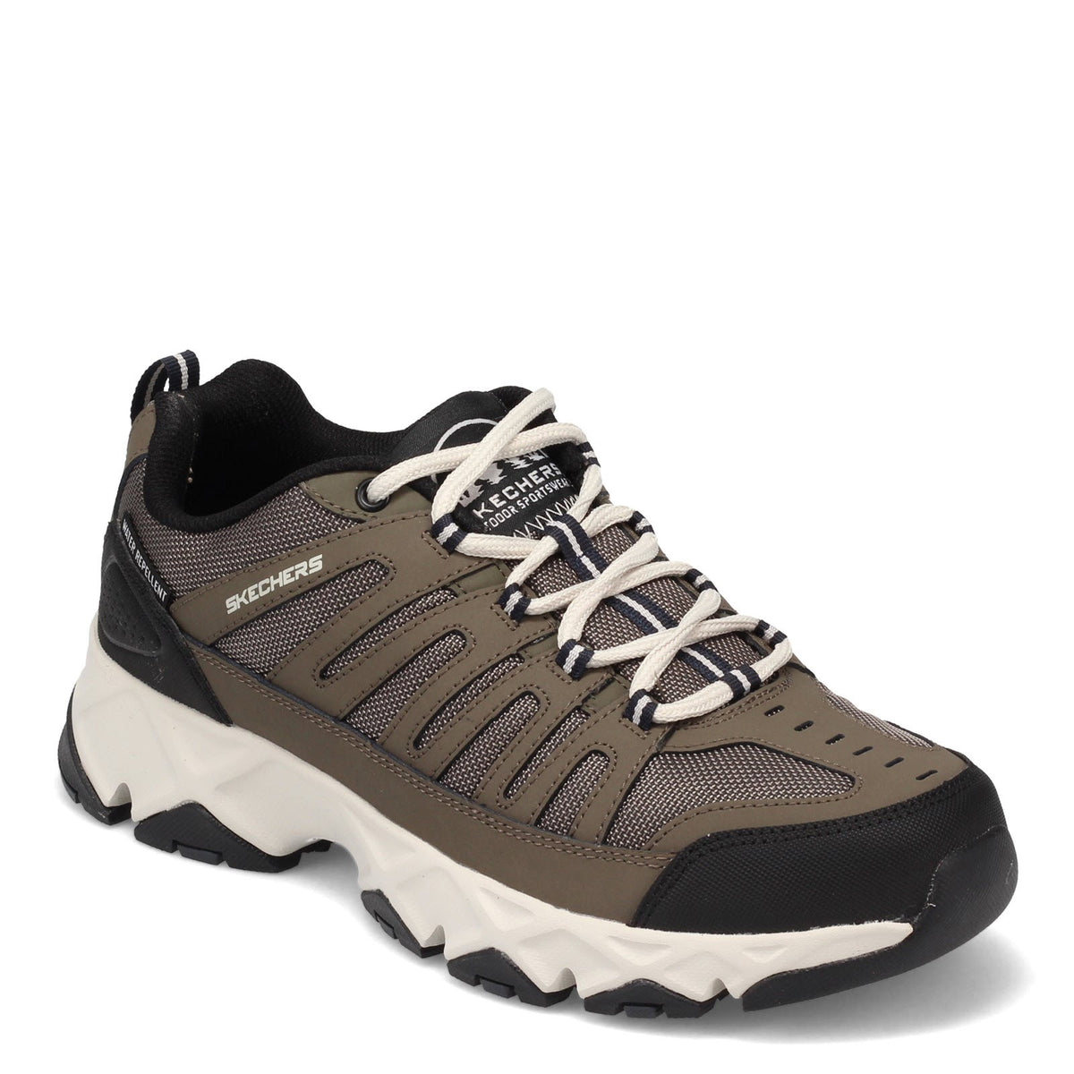 A brown Skechers Croosbar Stilholt men’s hiking sneaker with white laces on a white background.