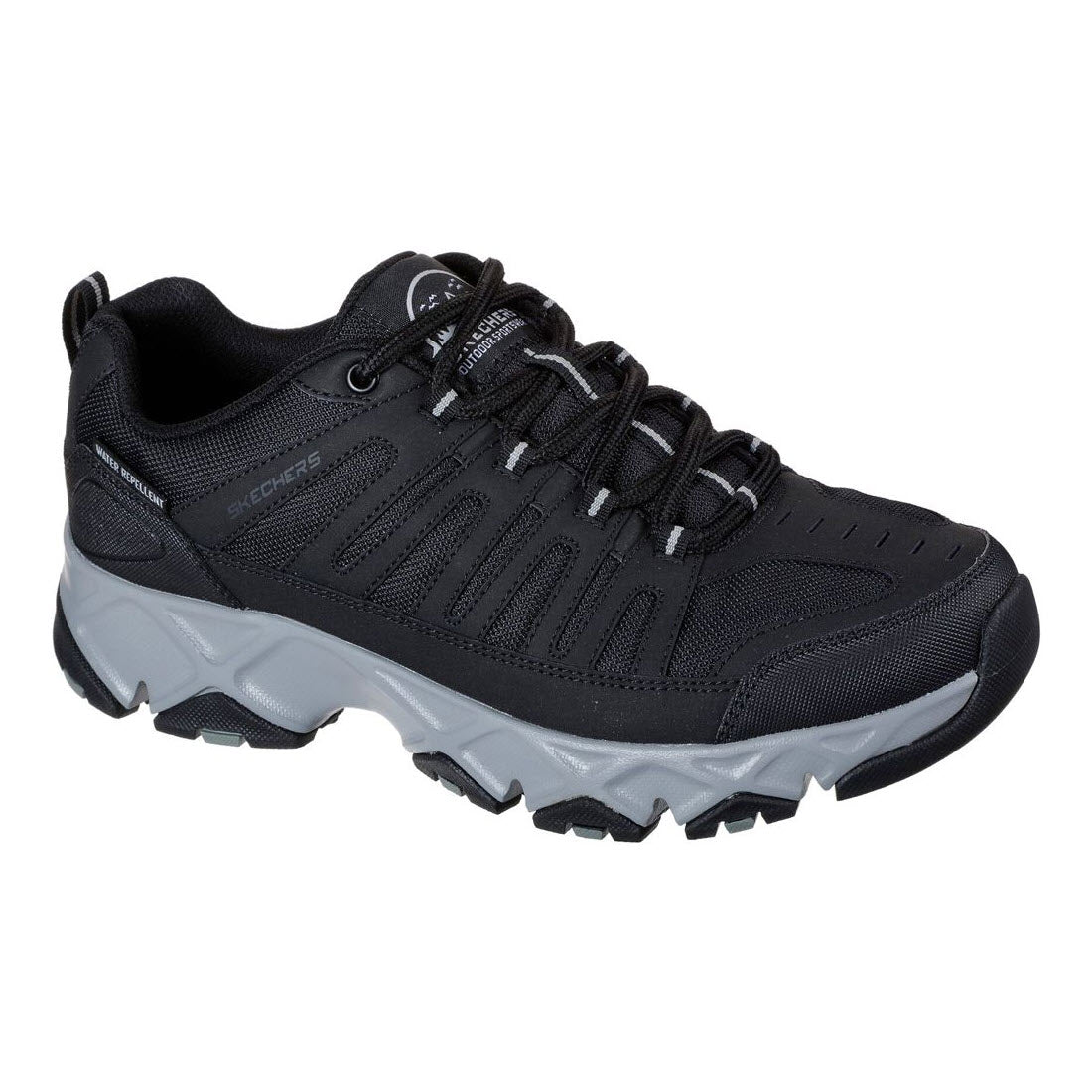 Black Skechers Crossbar Stilholt trail running shoe with rugged sole on a white background.