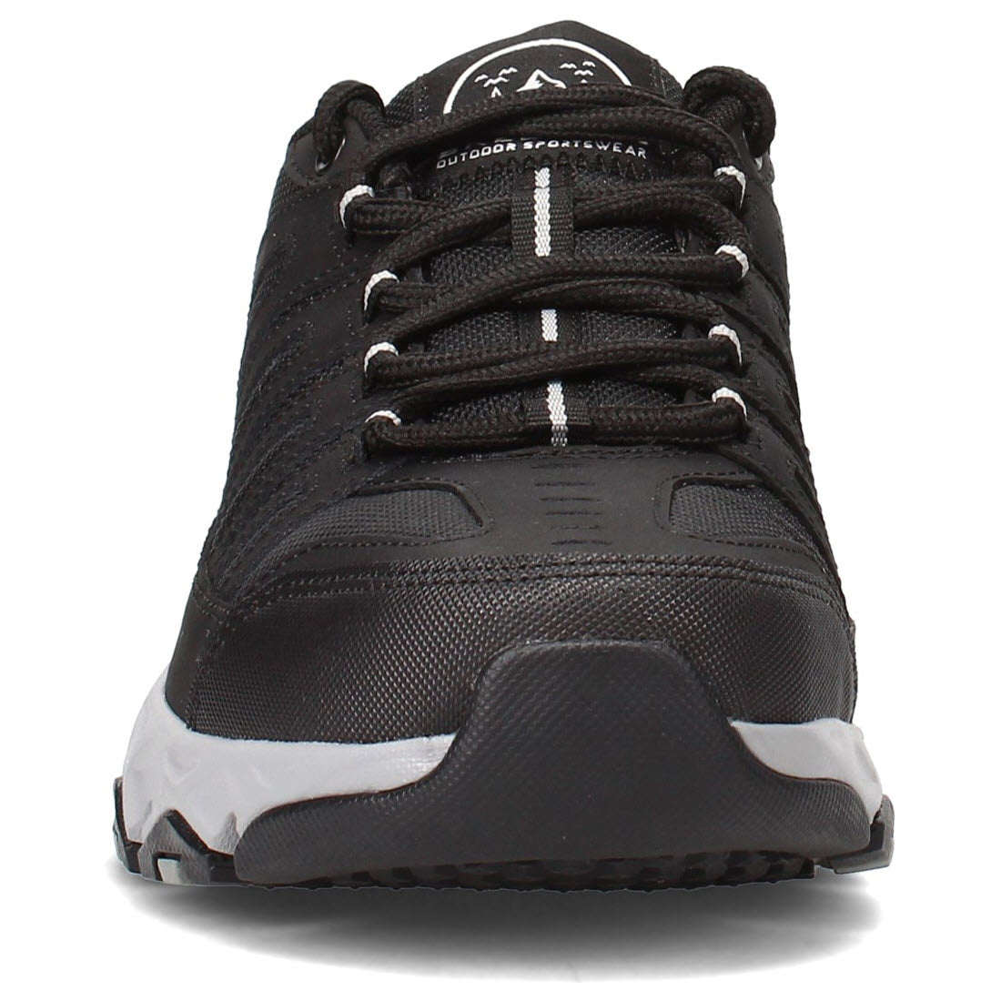 Front view of a Skechers Crossbar Stilholt black athletic shoe with white laces and a white sole.