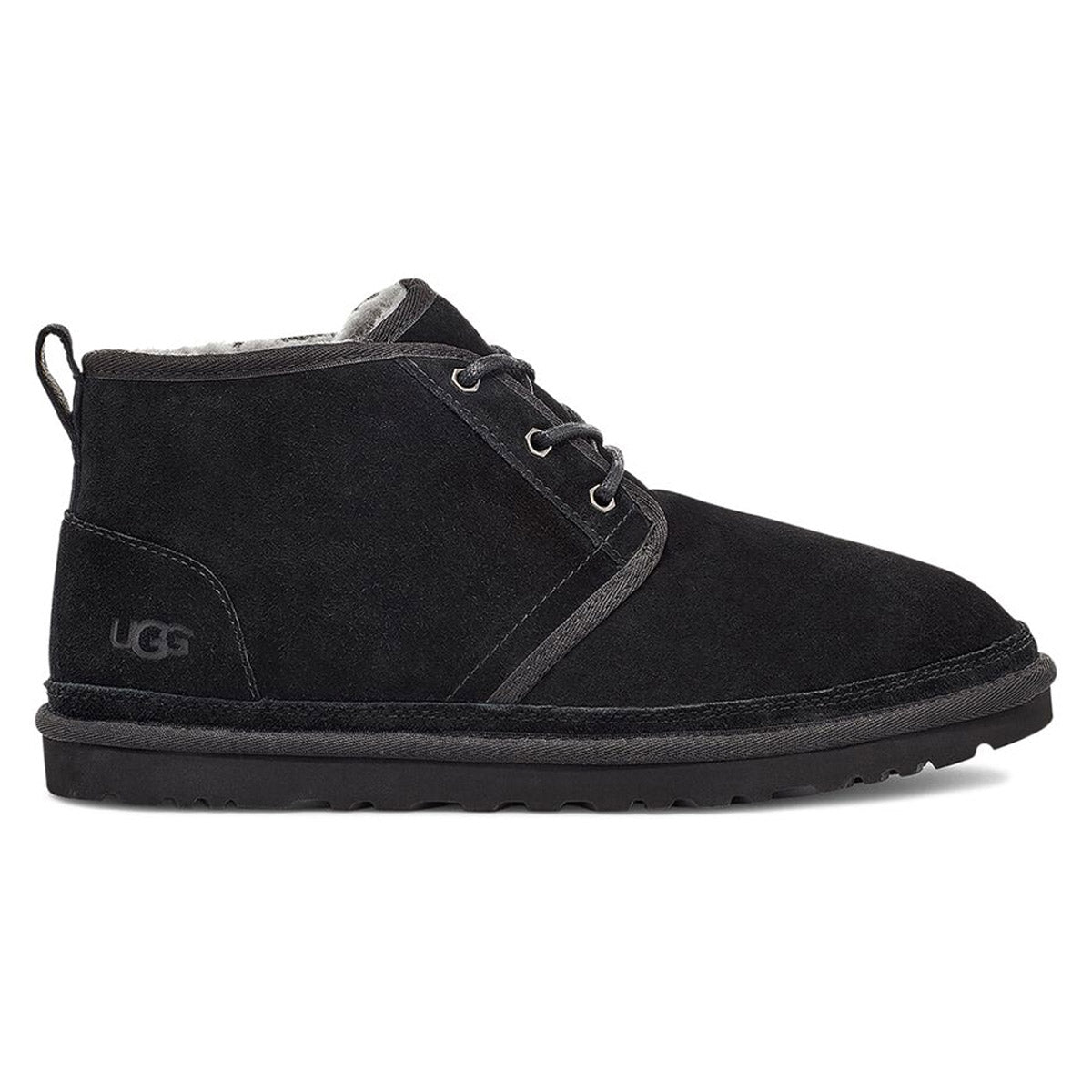 A single black UGG NEUMEL CHUKKA BOOT BLACK - MENS in suede with lace-up closure and a logo tag on the heel, against a white background.