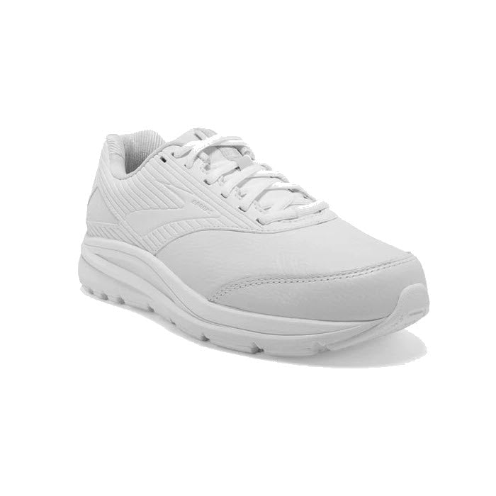 A single Brooks Addiction Walker 2 Lace White women&#39;s walking shoe displayed against a gray background, showing a front and slightly elevated angle.