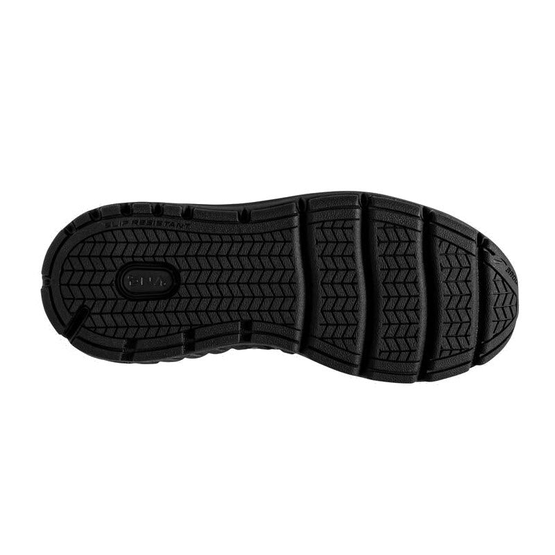 Bottom view of a Brooks Addiction Walker 2 Lace Black - Mens walking shoe sole with textured patterns and brand logo.