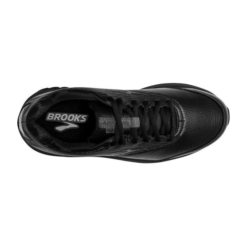 Top view of a black Brooks Addiction Walker 2 Lace Black - Mens walking shoe displaying its laces, inner label, and textured design.