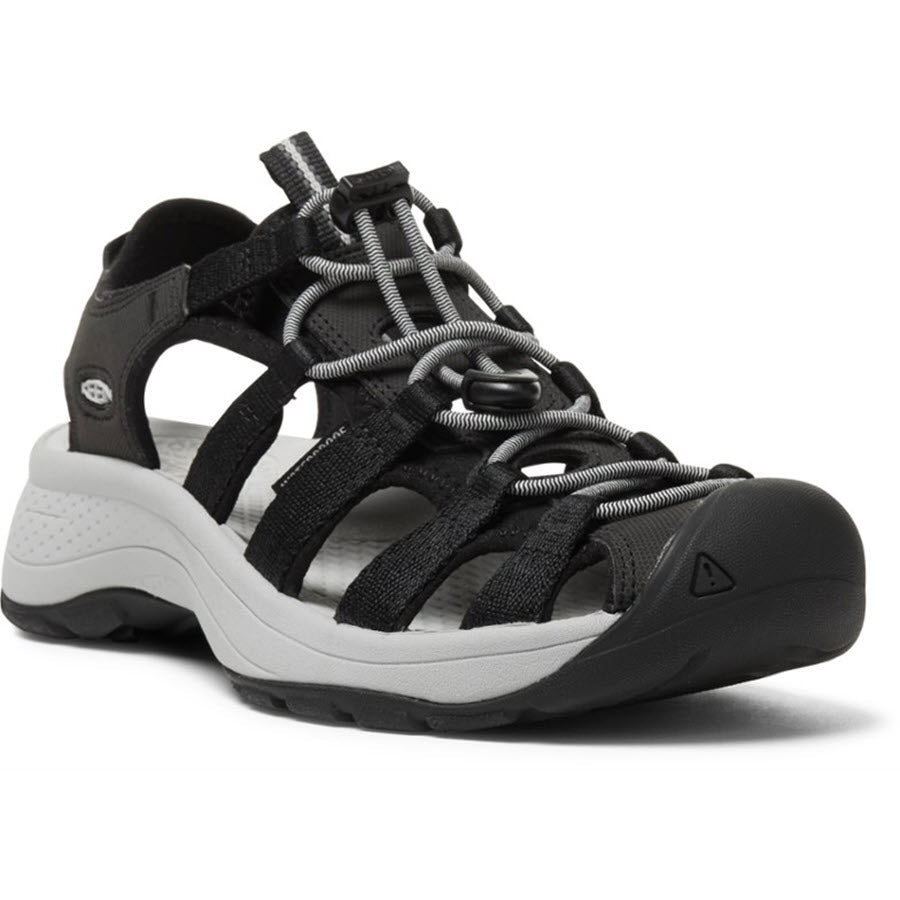 A black and gray KEEN ASTORIA WEST BLACK - WOMENS sandal from Keen with multiple straps, a protective toe cap, and a slip-resistant grip, designed for rugged use.