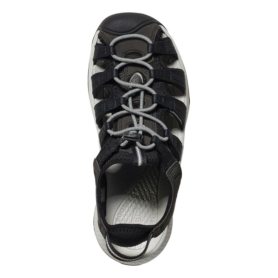 Top view of a black and gray Keen KEEN ASTORIA WEST BLACK - WOMENS with multiple straps, a closed toe design, and slip-resistant grip.