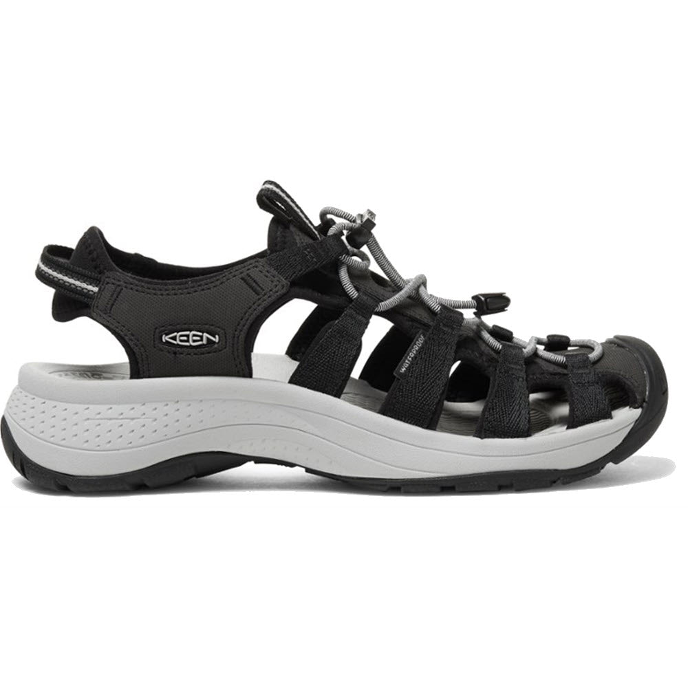 A KEEN ASTORIA WEST BLACK - WOMENS sandal with a secure fit lace capture system and closed toe design, featuring the Keen logo on the side. This adventure sandal offers slip-resistant soles for enhanced stability on any terrain.