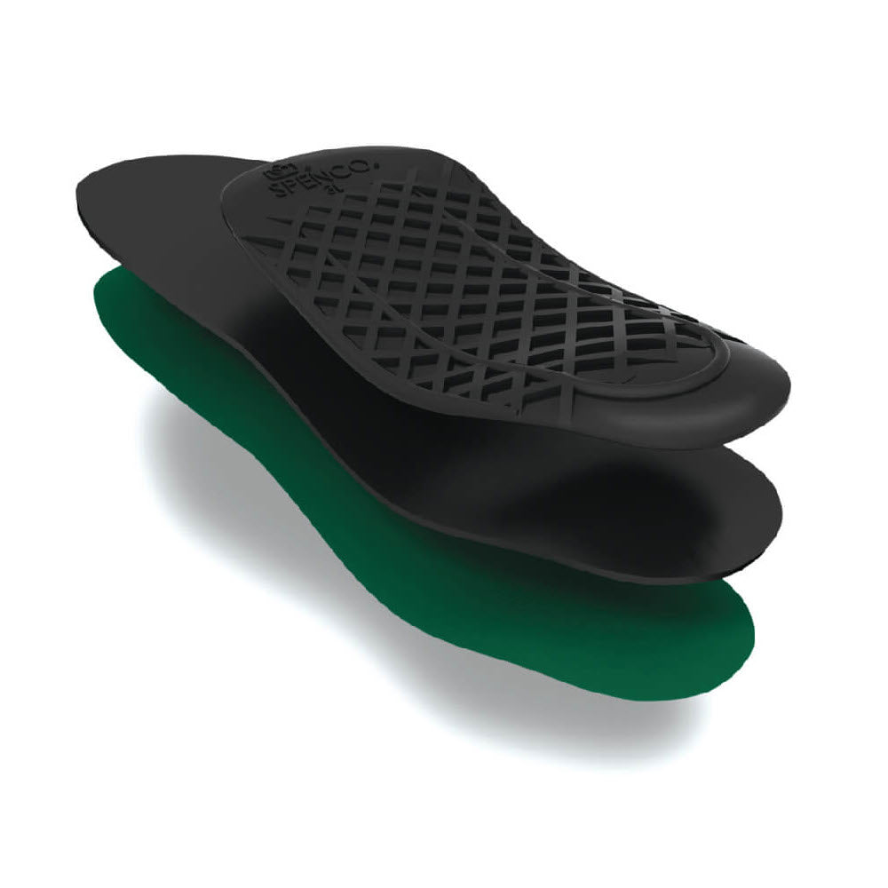 A pair of black and green Spenco Orthotic Arch Support Full Length shoe insoles, isolated on a white background.