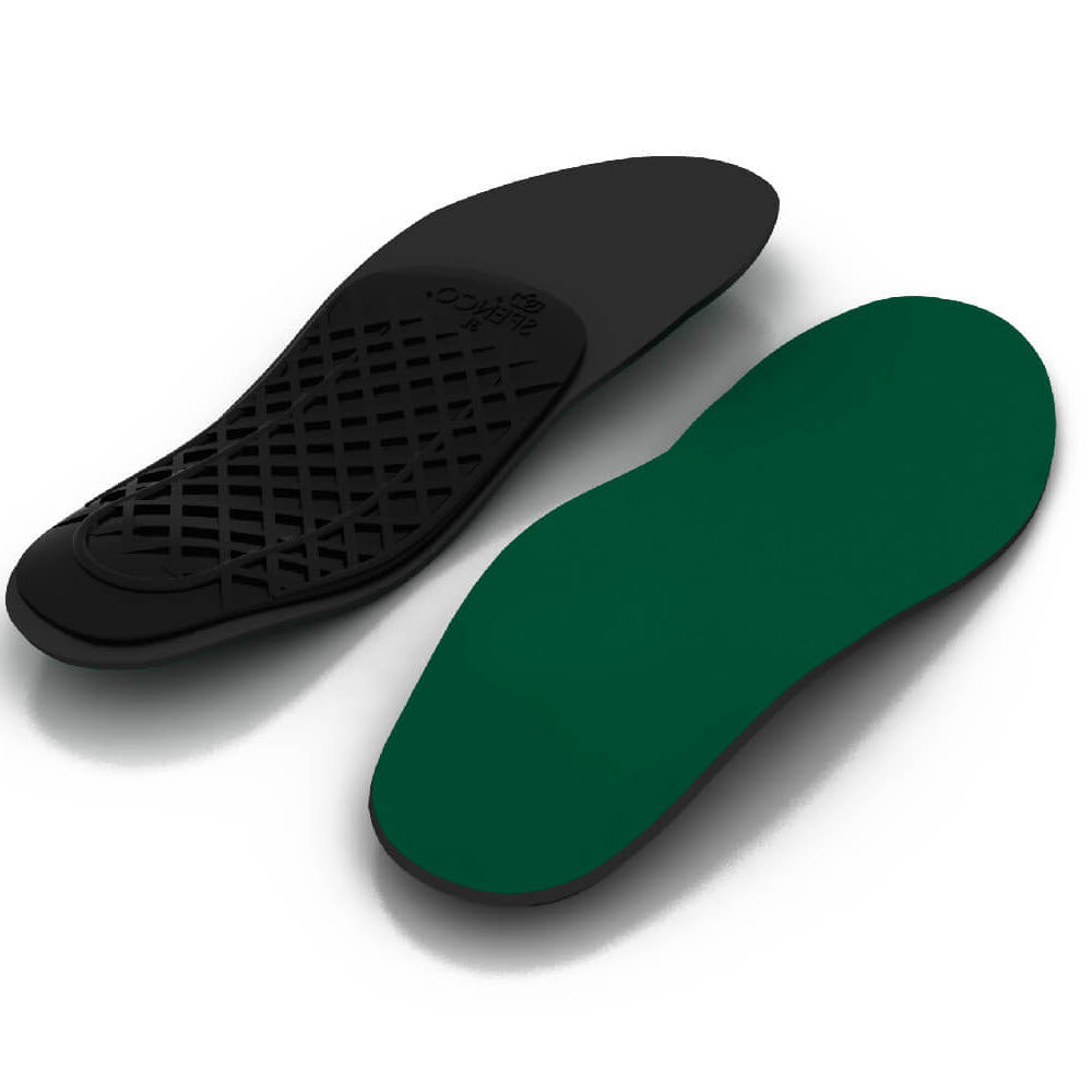 Two Spenco orthotic arch support full length insoles, one with the top visible and green, the other flipped showing a black textured underside. These are designed with arch support for enhanced comfort.