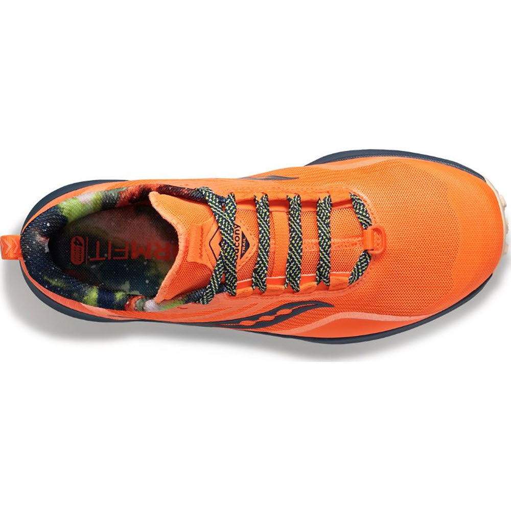 A top view of an orange Saucony Peregrine 12 Campfire Stories trail running shoes with black laces.