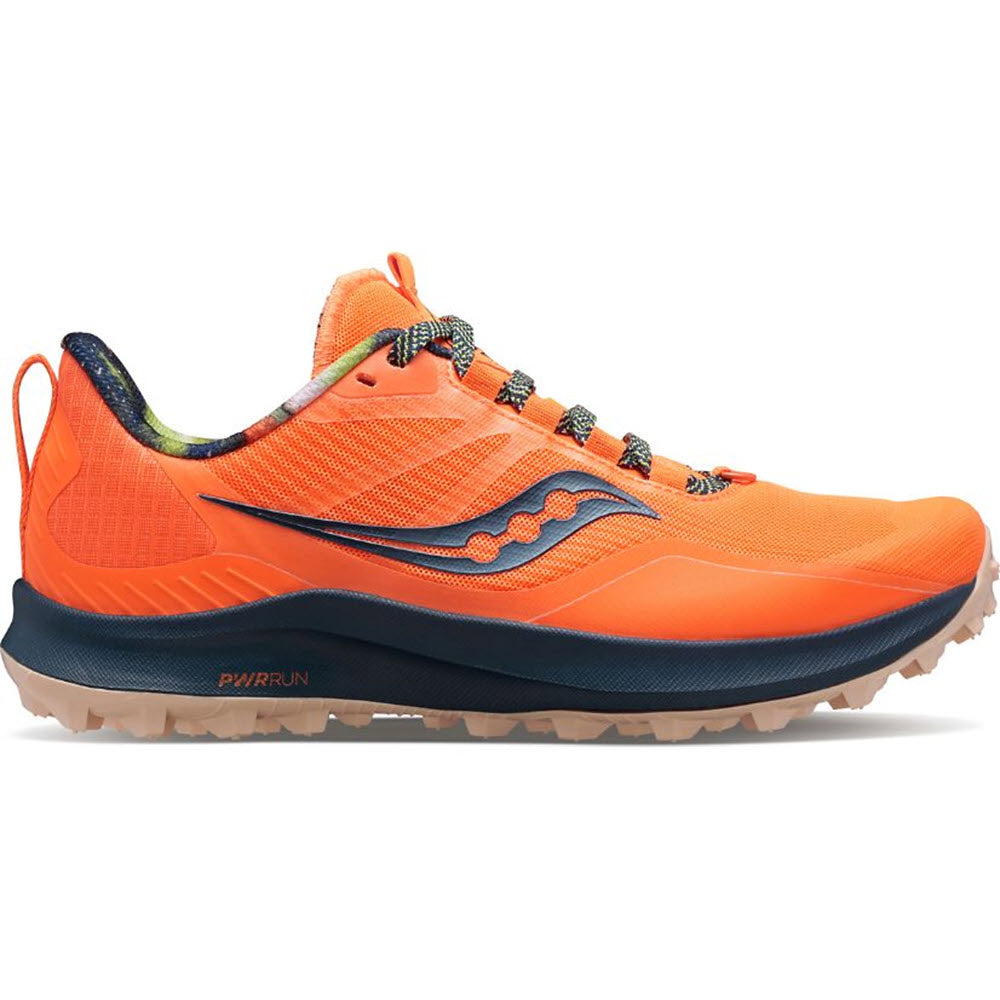 Bright orange Saucony Peregrine 12 trail running shoe with black accents and lugged sole.