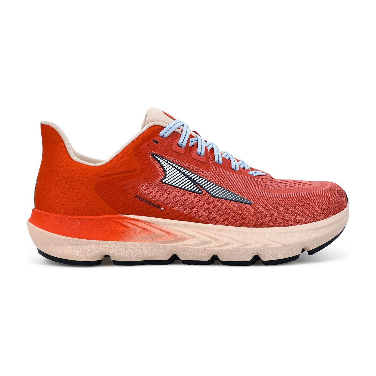 Side view of an orange Altra Provision 6 Raseberry running shoe with distinctive white zigzag stripes and a thick, textured sole.