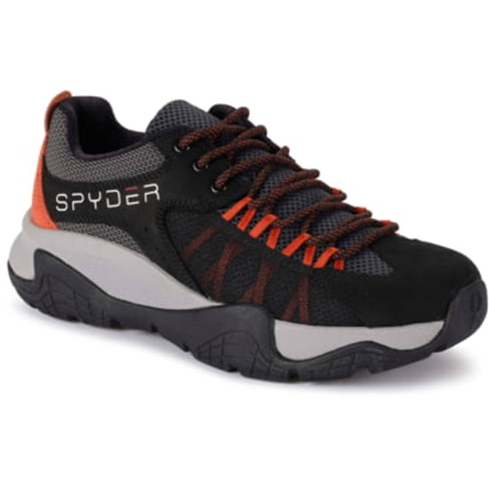 A black and gray Spyder Boundary Sneaker with orange accents and laces, displayed against a white background.