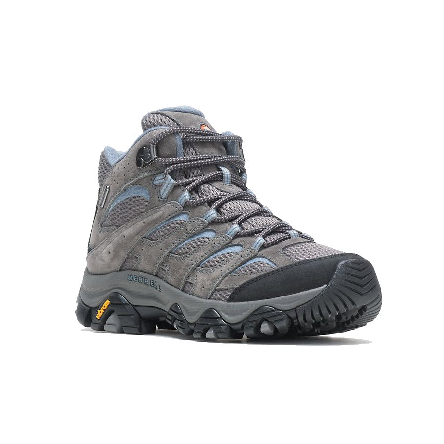 A gray Merrell hiking boot with a rugged Vibram® Megagrip sole and blue laces, isolated on a white background.
