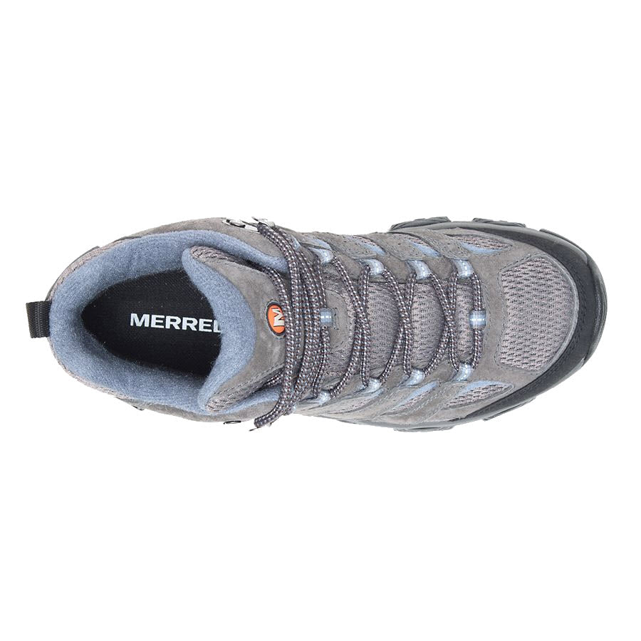 Top view of a grey Merrell Siren Edge 3 Waterproof Rock/Bluestone hiking shoe with laces, a visible Merrell logo, and waterproof mesh fabric.