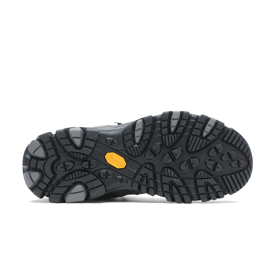 Sole of a Merrell hiking boot with a distinctive tread pattern and an orange logo on the central heel area, featuring M Select™ DRY BARRIER technology.