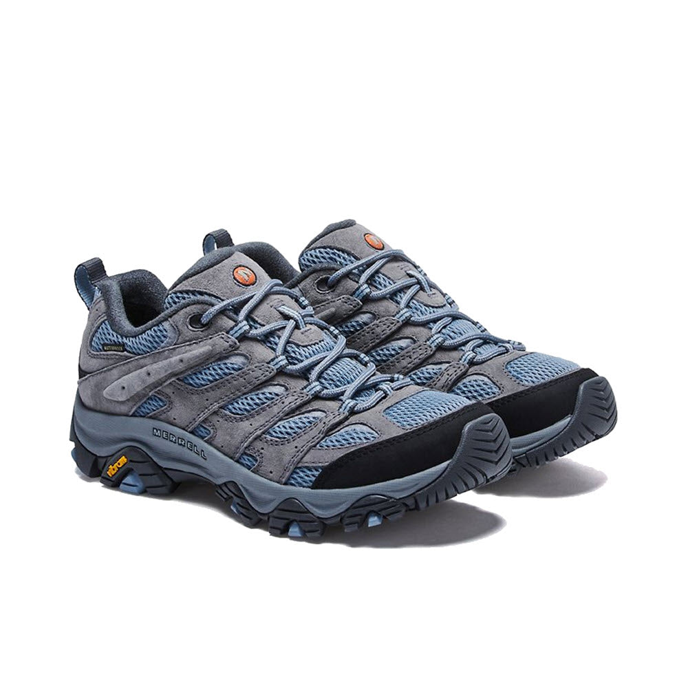 A pair of gray and blue Merrell MOAB 3 Waterproof Altitude hiking shoes with rugged soles and lace-up fronts, displayed on a white background.