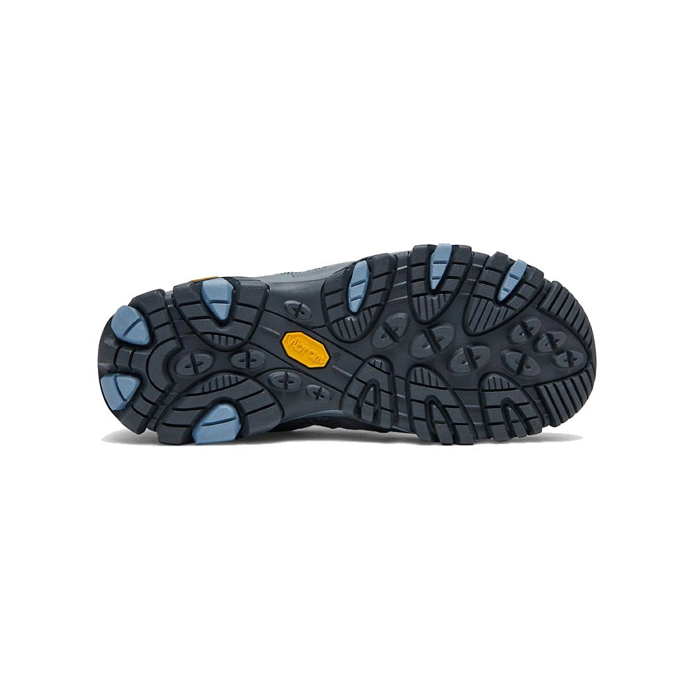 Sole of a Merrell Moab 3 Waterproof Altitude - Womens hiking boot with mixed pattern tread and a visible brand logo, predominantly in shades of black and blue.