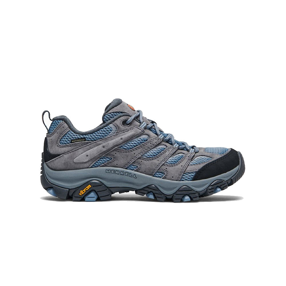A single Merrell MERRELL MOAB 3 WATERPROOF ALTITUDE - WOMENS hiking shoe, displaying a side view, featuring gray and blue colors with visible branding and treaded sole.