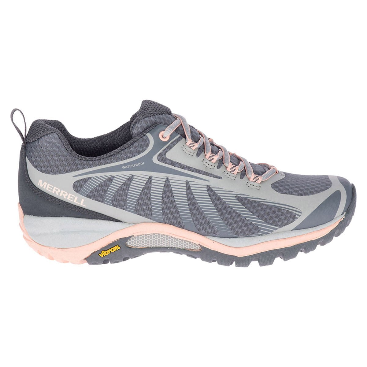 Gray and pink Merrell Siren Edge 3 Waterproof Paloma/Peach hiking shoe with Vibram® Megagrip sole, isolated on a white background.