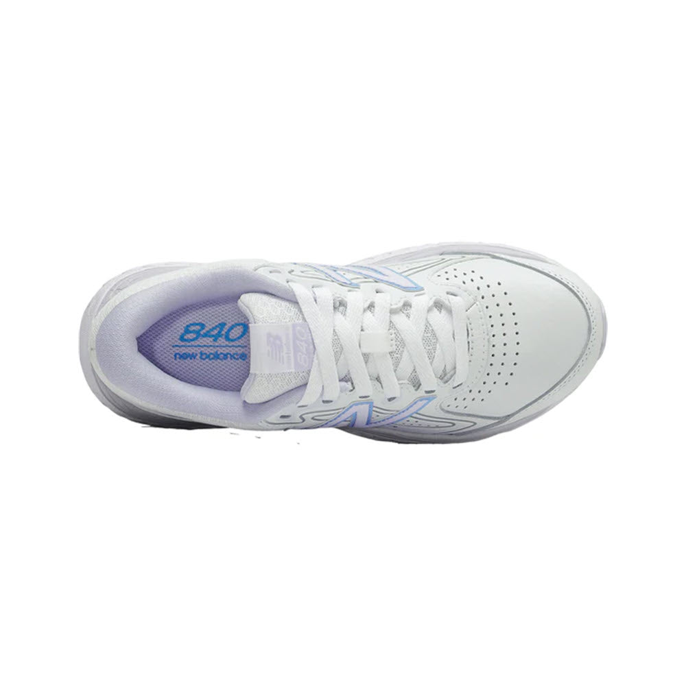 Top view of a single New Balance W840V3 White/Silent Silver sneaker, predominantly white with light blue accents and ABZORB cushioning, viewed from above.