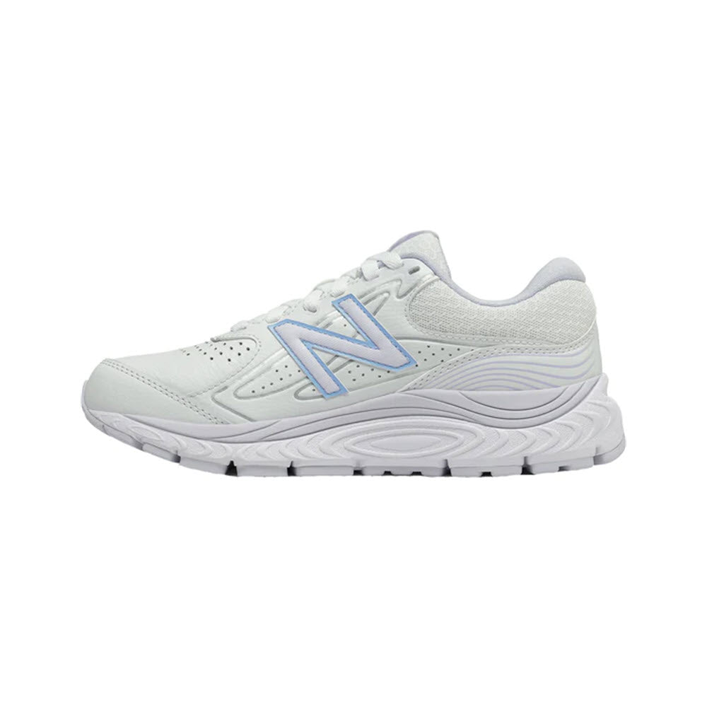Side view of a white New Balance W840V3 women&#39;s walking shoe with a prominent blue &#39;n&#39; logo and a textured sole.