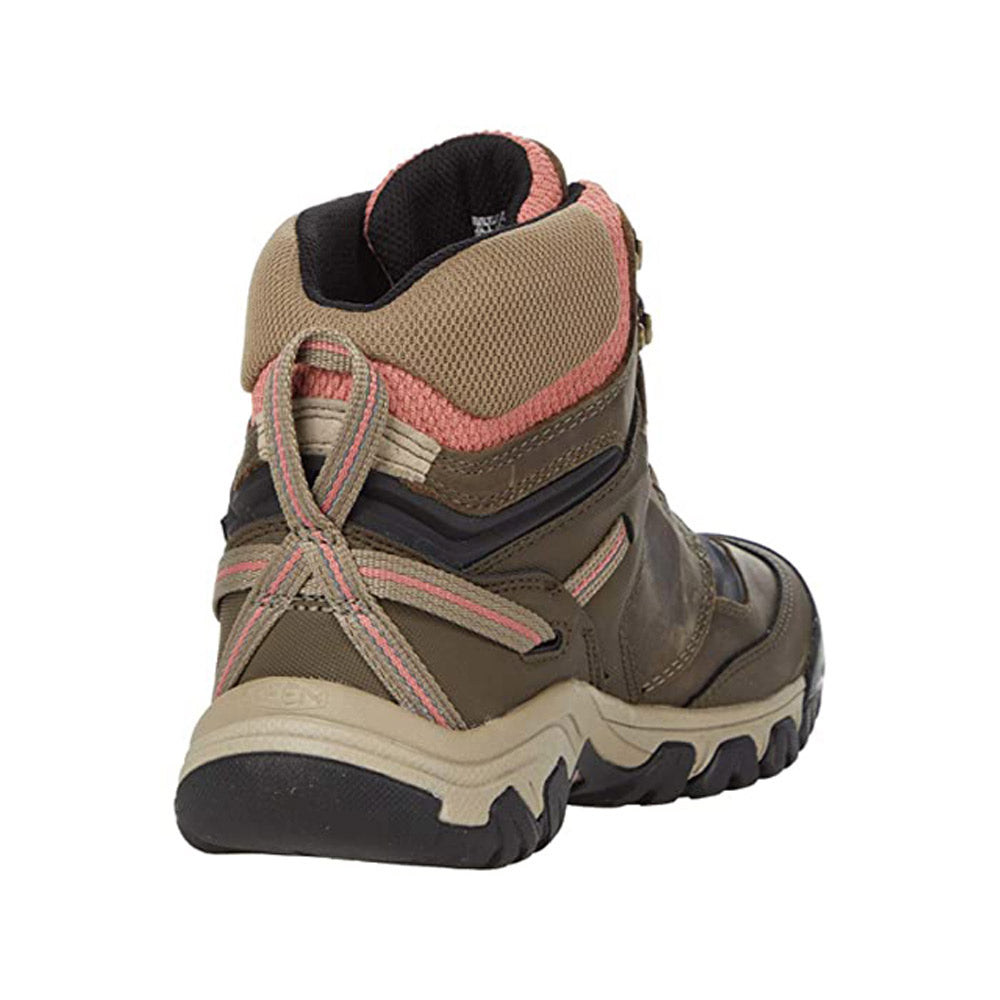 A single Keen Ridge Flex Mid Waterproof Timberwolf/Brick Dust hiking boot featuring a combination of beige and dark brown colors with red accents, displayed against a white background.
