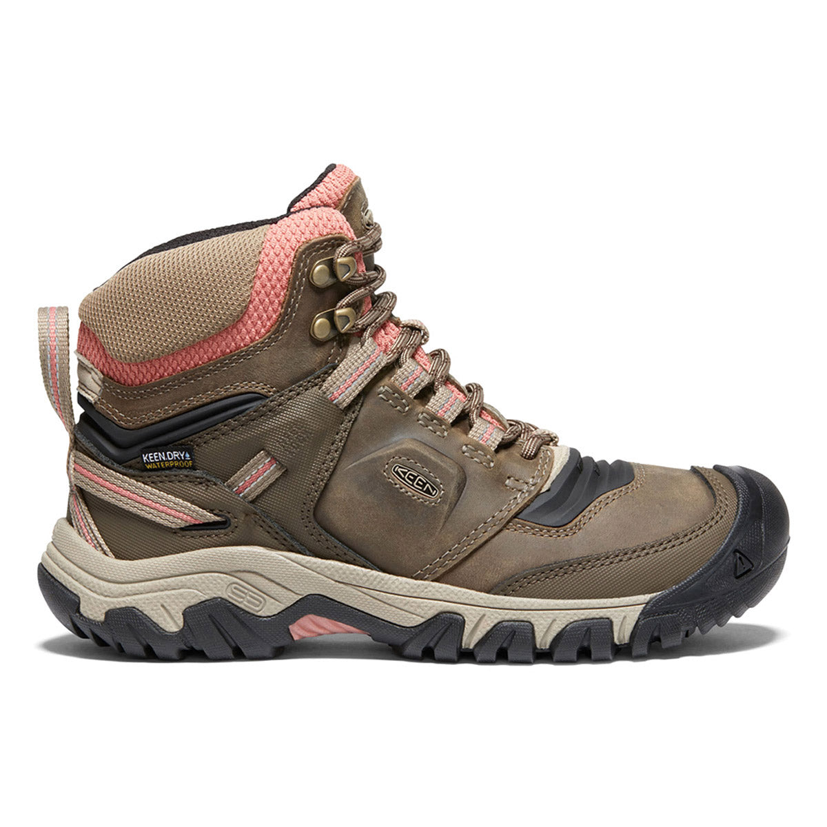 A single brown and pink Keen Ridge Flex Mid Waterproof Timberwolf hiking boot with metal eyelets and rugged sole, featuring branding logos.