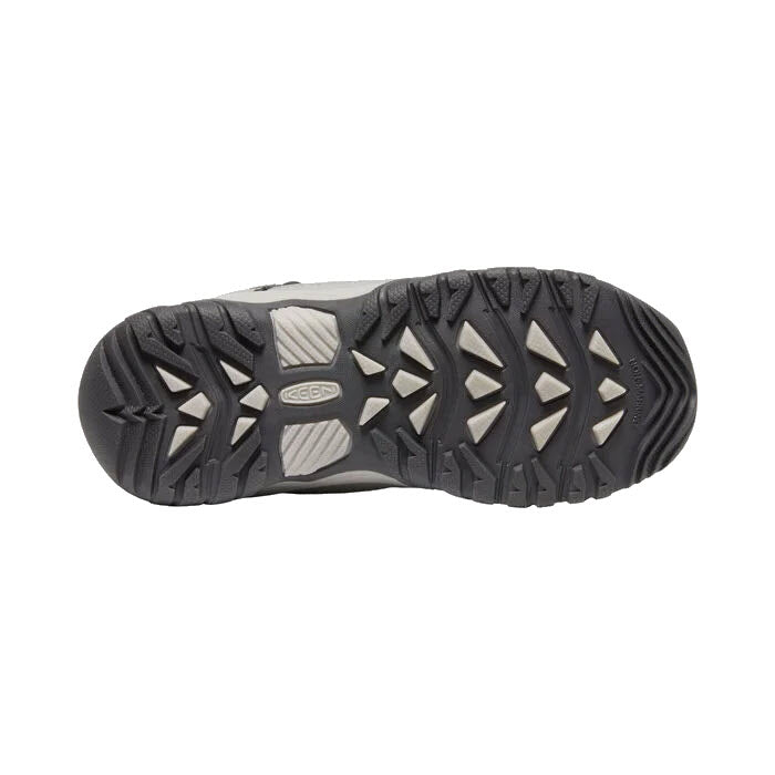 Bottom view of a rugged, black Keen Targhee Sport Waterfall - Kids hiking sneaker sole with triangular and geometric tread patterns for grip.