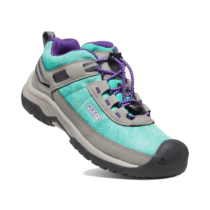 A single Keen Targhee Sport Waterfall kids&#39; hiking sneaker with purple laces and a black sole, displayed on a white background.