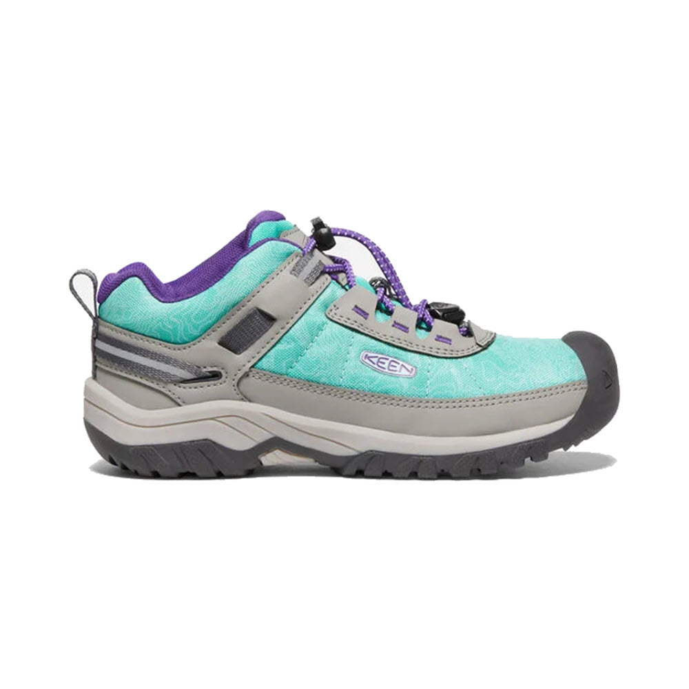 A KEEN TARGHEE SPORT WATERFALL - KIDS hiking sneaker with purple accents, displayed against a white background.