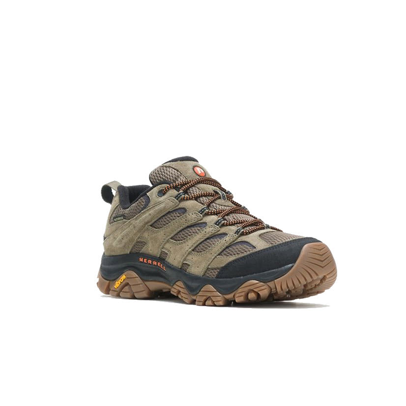 A single Merrell Moab 3 WP Olive hiking shoe displayed on a plain background, featuring a lace-up design with beige and dark blue colors.
