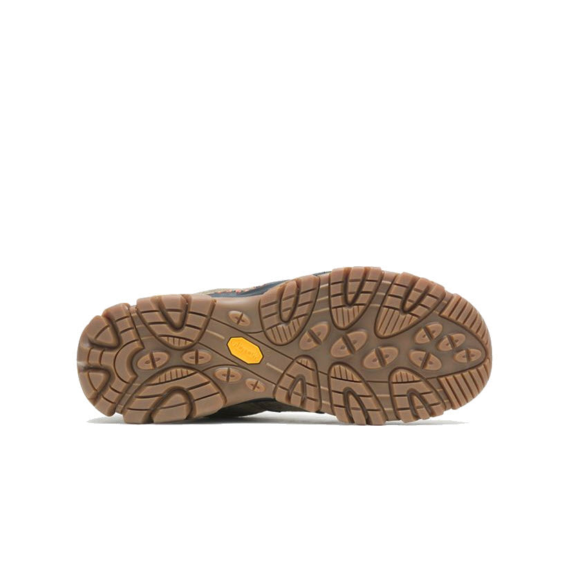 Sole of a Merrell hiking boot with deep tread pattern and a visible logo, featuring a Vibram outsole, isolated on a white background.