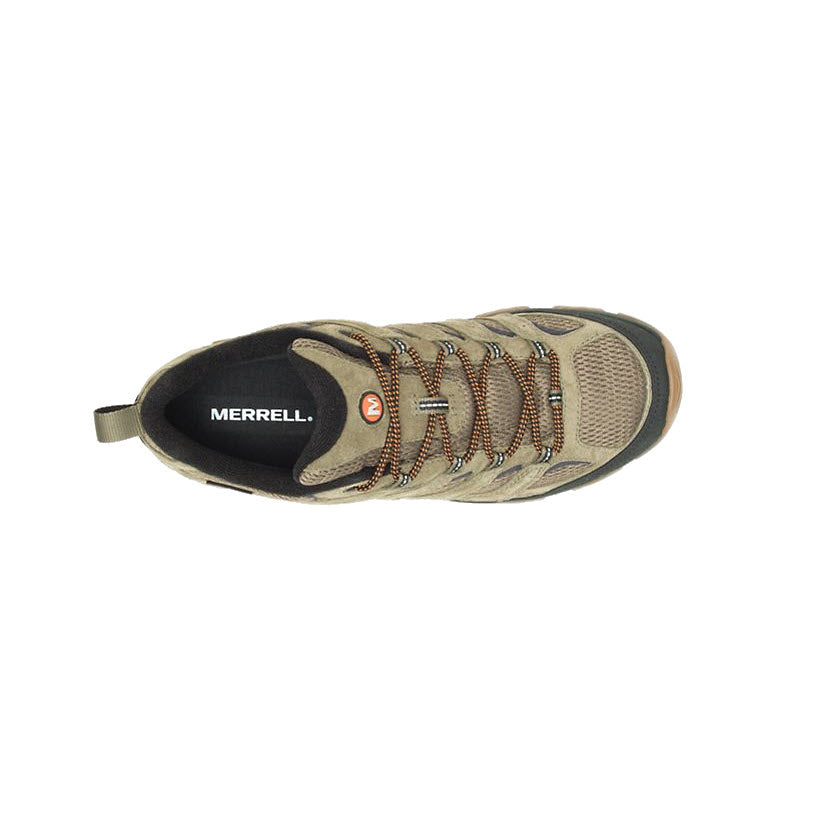 Top view of a Merrell Moab 3 WP Olive hiking shoe with beige and gray tones, featuring laces and a loop on the heel.