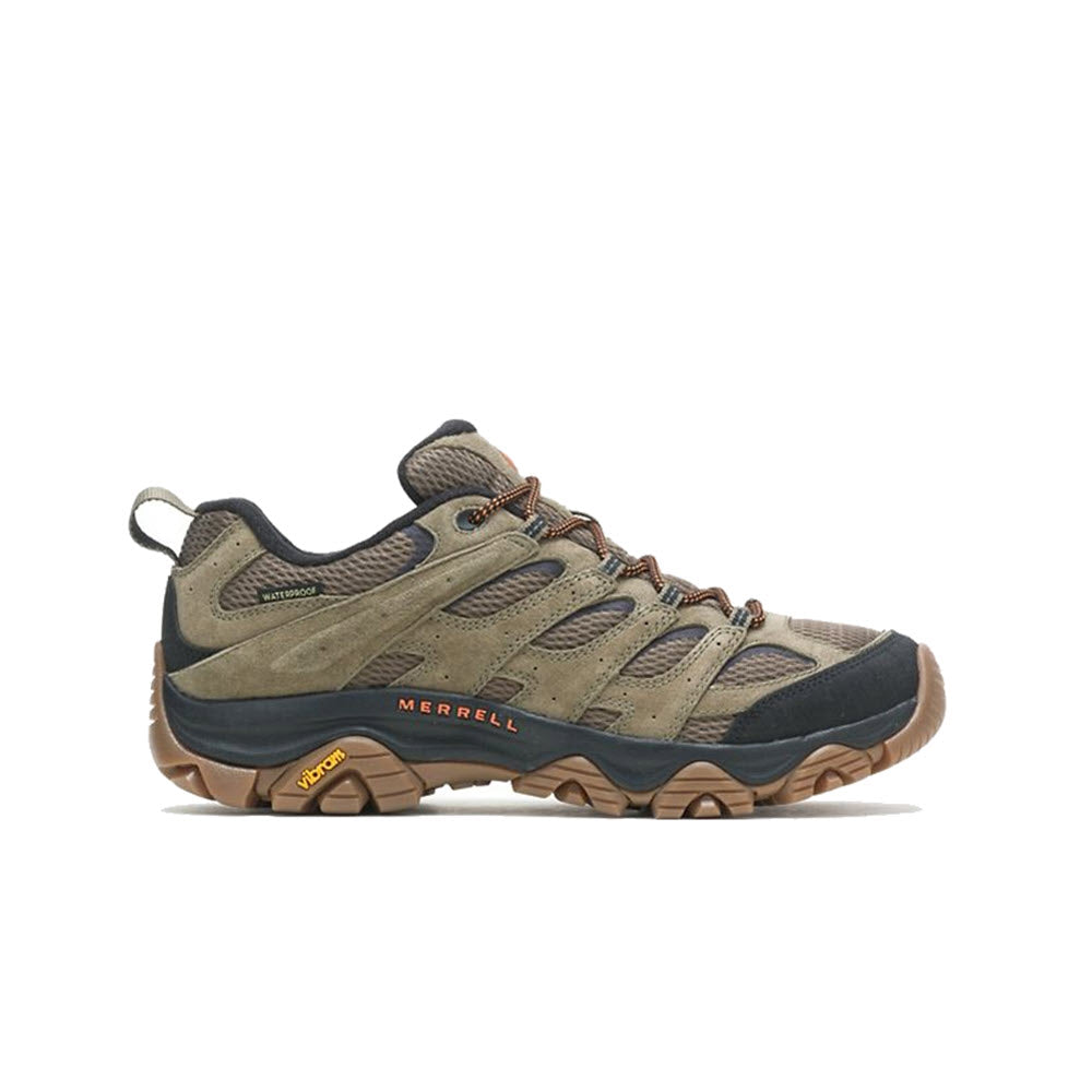 A single Merrell Merrell Moab 3 WP Olive hiking shoe featuring a lace-up design, olive green and taupe colors, with a chunky, tan Vibram outsole.