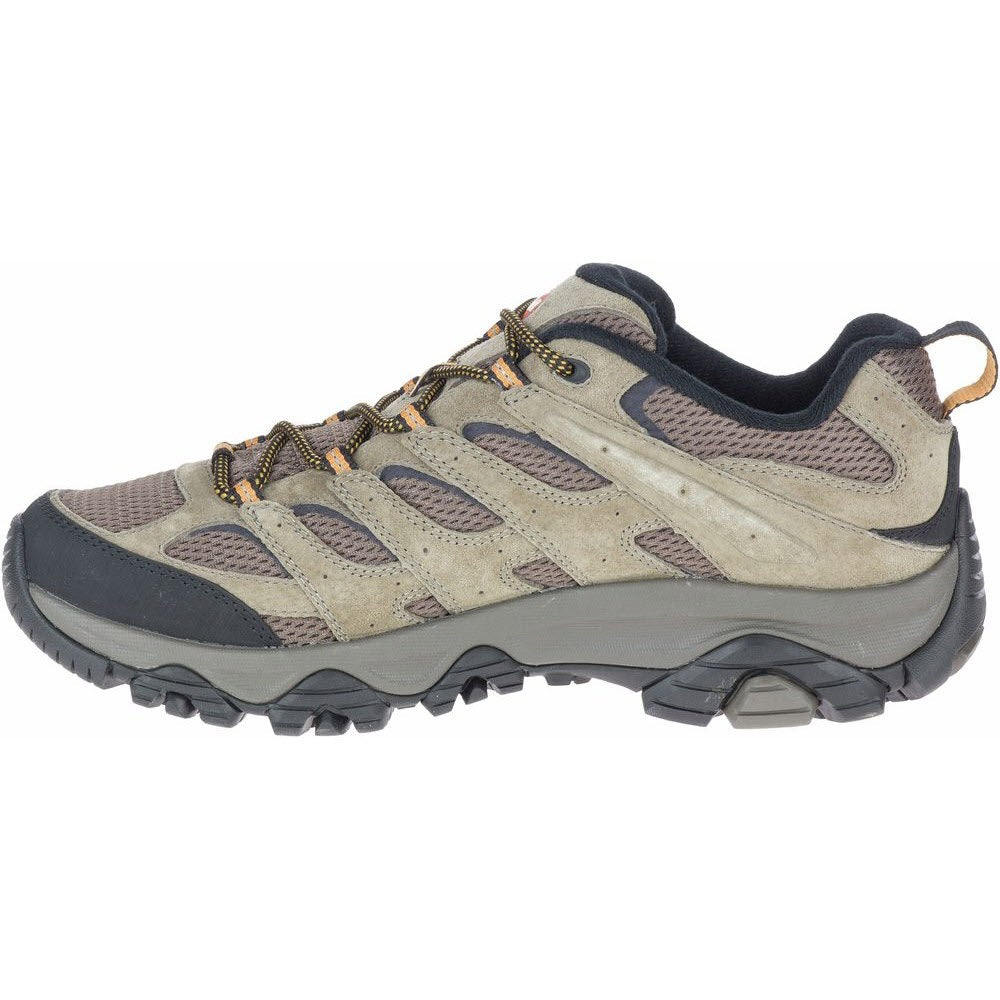 A side view of a single beige and gray Merrell Moab 3 Walnut hiking shoe with rugged treads and lace-up front.