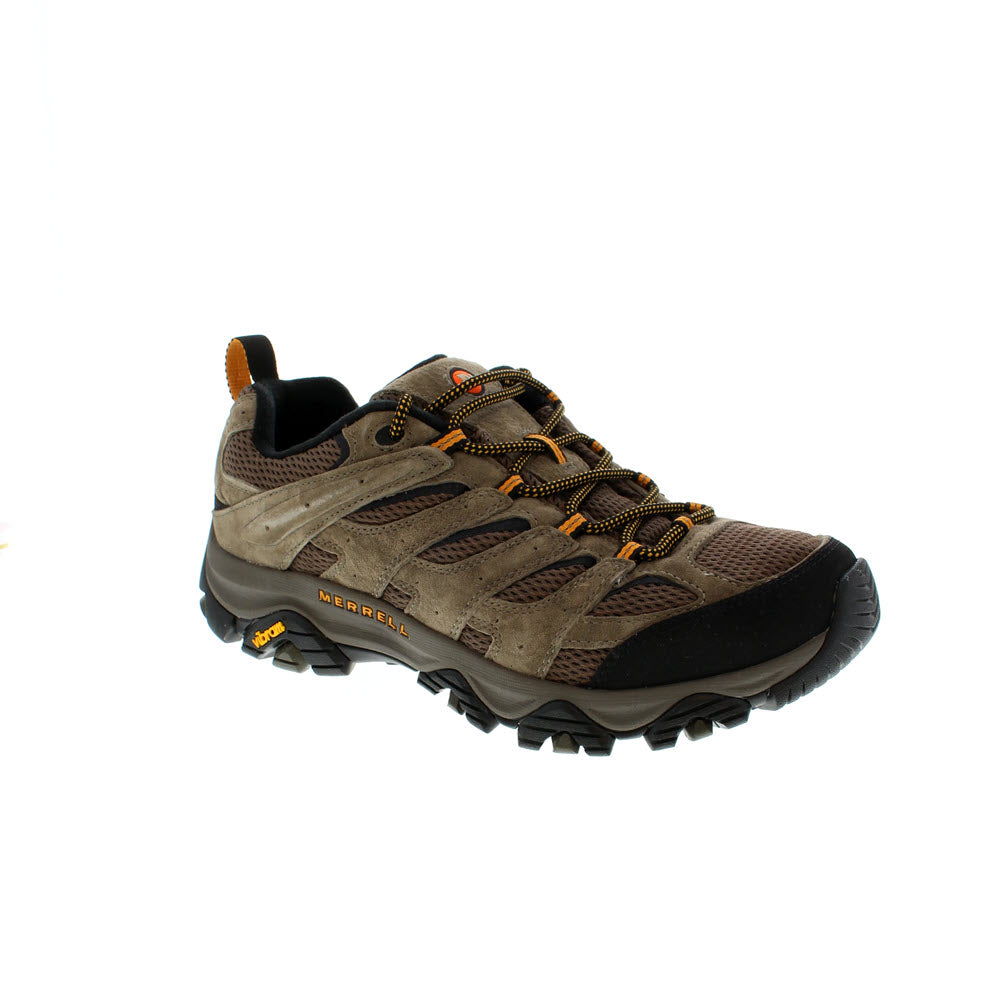 A single bestselling Merrell Moab 3 Walnut hiking shoe with black and orange laces on a white background.