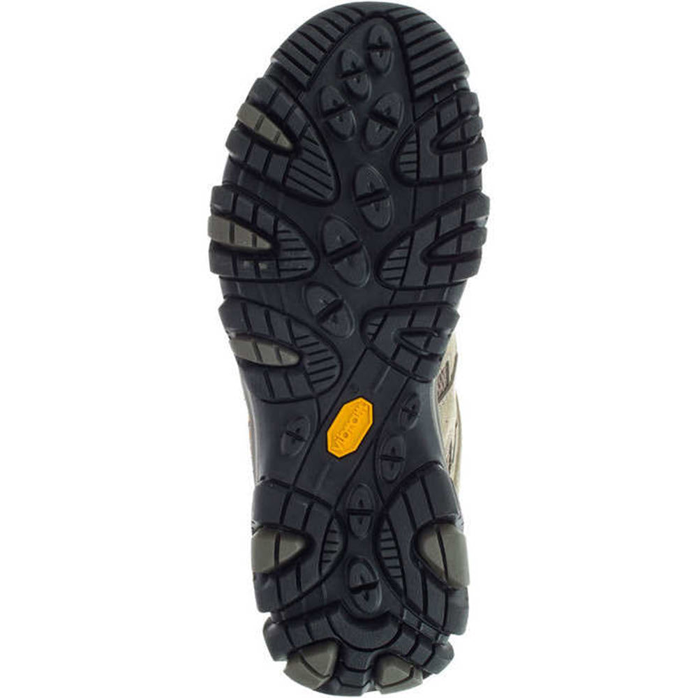 Tread pattern on the sole of a Merrell Moab 3 Walnut - Mens hiker, featuring deep grooves and an orange Merrell logo.