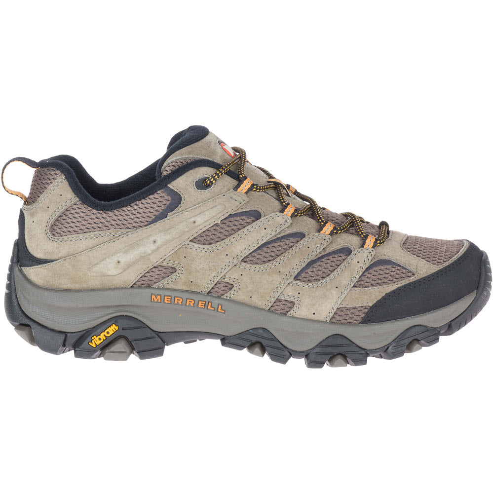 Side view of a Merrell Merrell Moab 3 Walnut hiking shoe featuring gray and tan colors with black mesh, orange laces, and a prominent logo.
