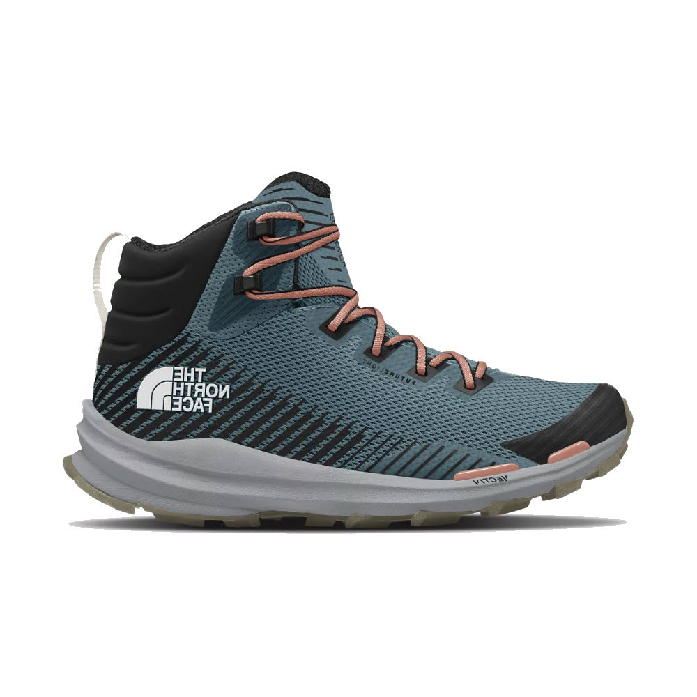 A single blue and gray North Face VECTIV Fastpack Mid hiking boot with a high top, laces, and a thick sole, isolated on a white background.