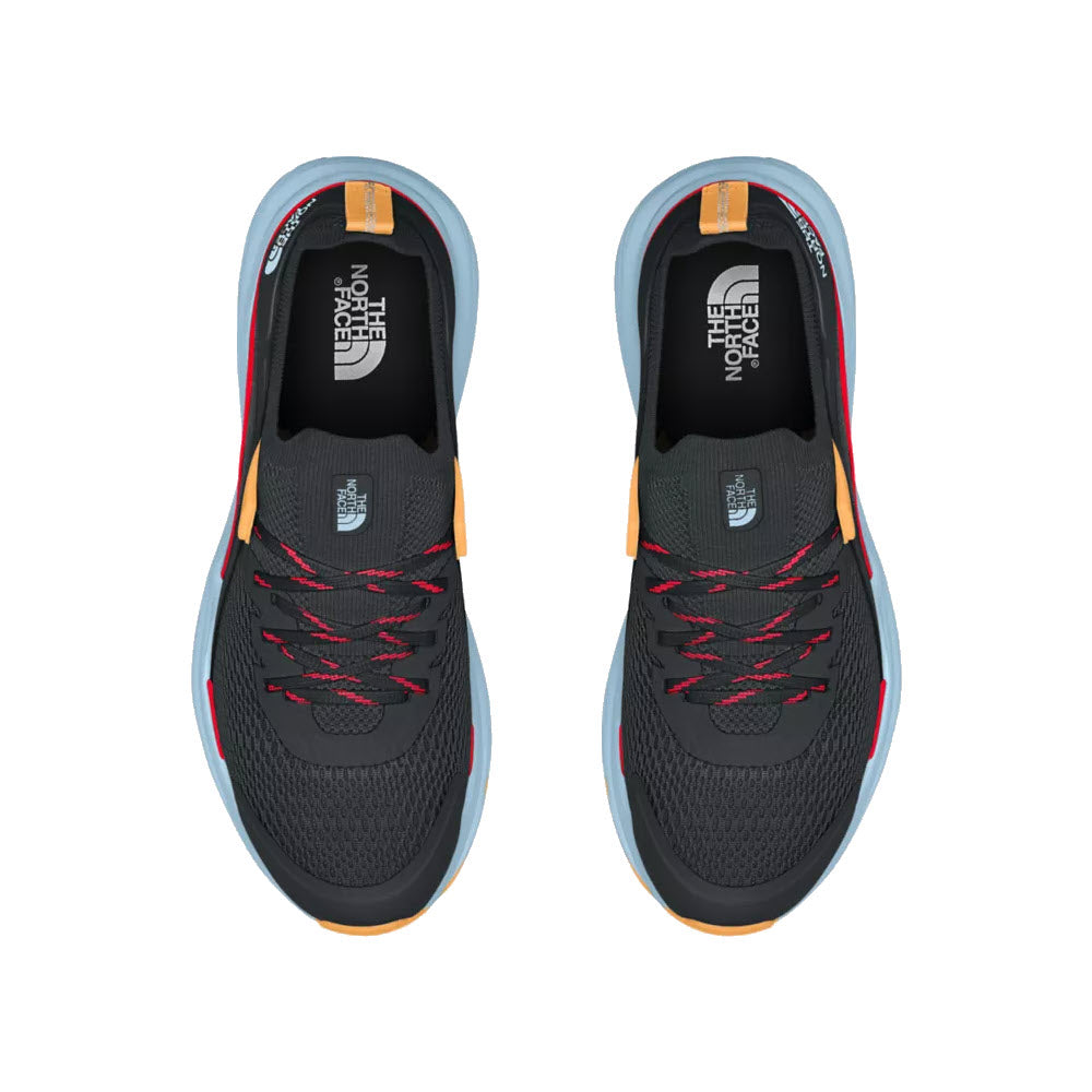 Top view of a pair of North Face VECTIV Hypnum Asphalt Grey/Brillant Coral trail shoes with red laces featuring VECTIV technology.
