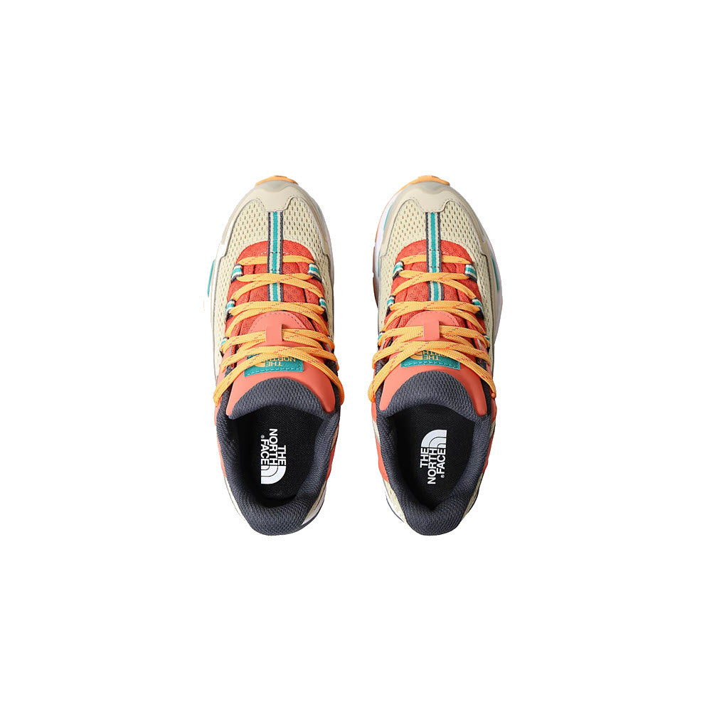 A top view of a pair of colorful North Face VECTIV Taraval Futurelight trail running shoes on a white background.