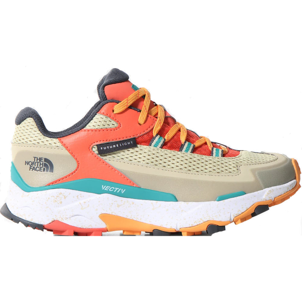 Side view of a colorful North Face VECTIV Taraval Futurelight hiking shoe featuring beige, orange, green, and blue accents, with multi-colored laces and FUTURELIGHT™ technology.