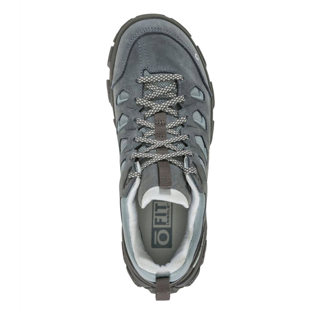Top view of a single gray OBOZ SAWTOOTH X LOW B-DRY SLATE hiking shoe with laces.