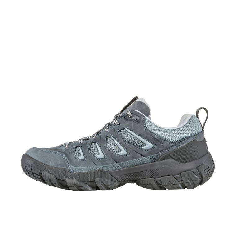 A single gray Oboz Sawtooth X Low B-Dry hiking shoe displayed against a white background.