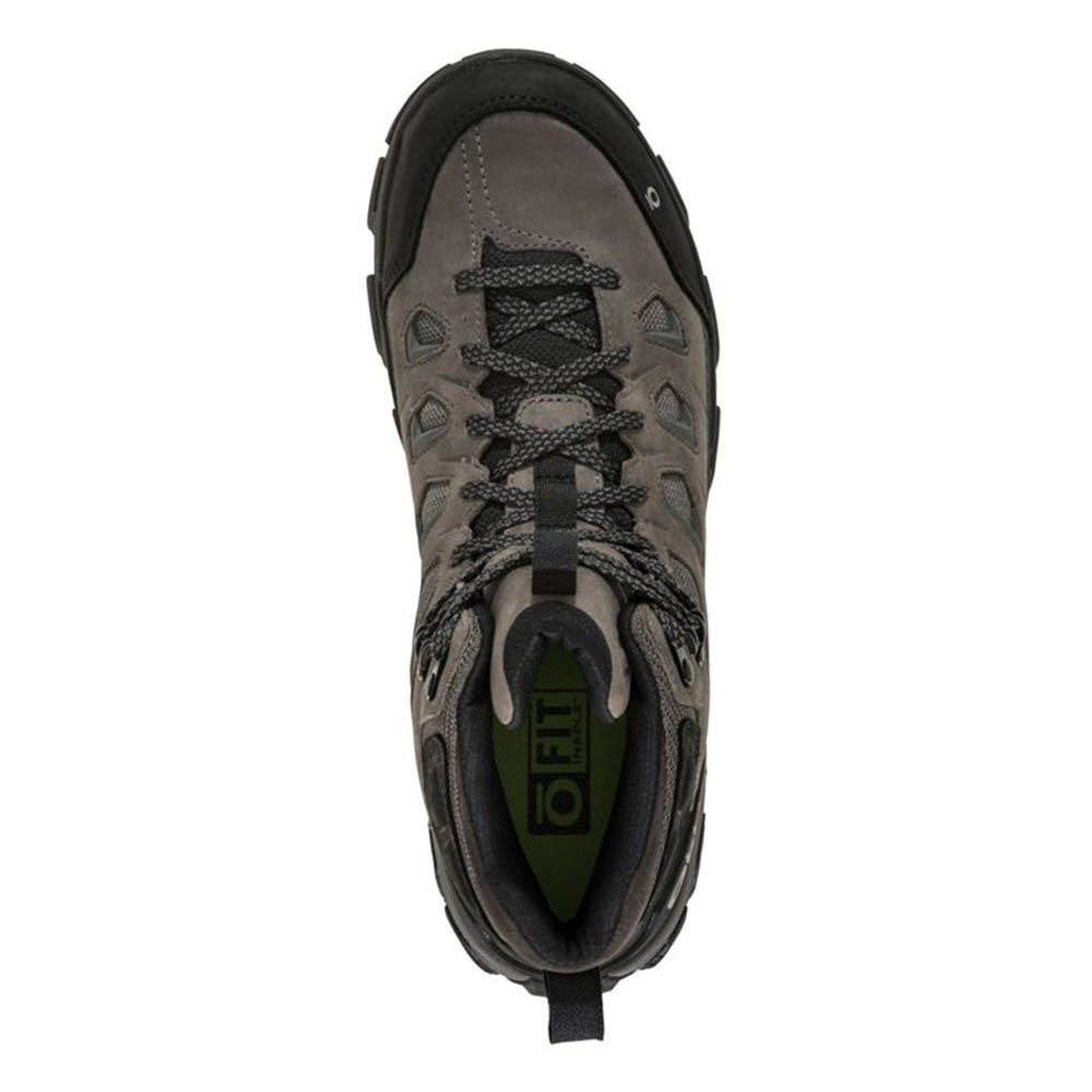 Top view of a single Oboz Sawtooth X Mid B-Dry Charcoal women&#39;s waterproof hiker with black accents and laces.