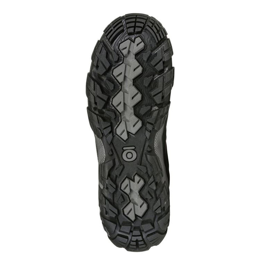 Black rubber outsole of a waterproof hiker shoe with Oboz Sawtooth X Mid B-Dry Charcoal - Womens True Tread pattern.
