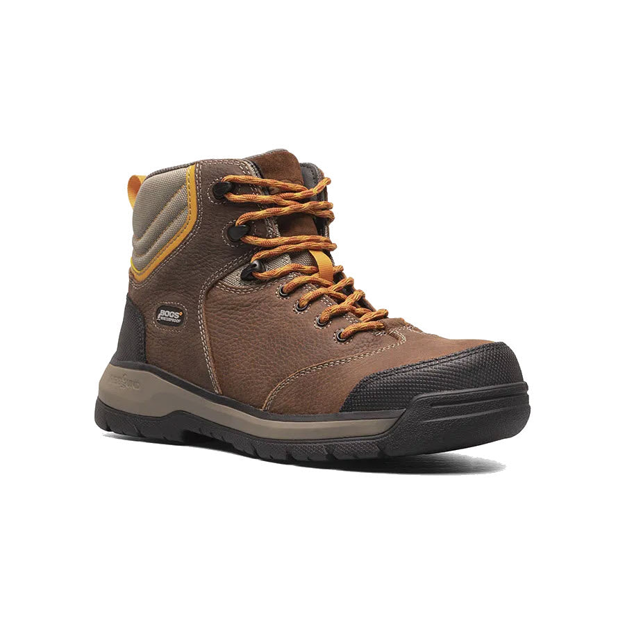 A single BOGS CEDROCK II 6&quot; CT waterproof brown leather work boot with orange laces on a white background.