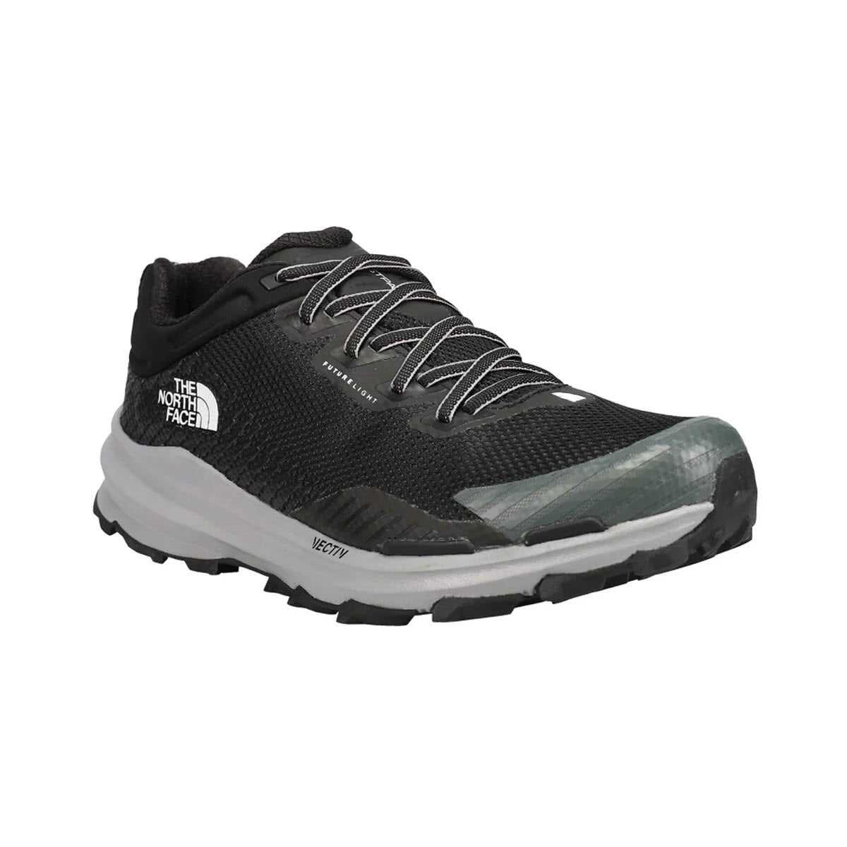 A single NORTH FACE VECTIV FASTPACK LOW BLACK/GREY trail running shoe with a FUTURELIGHT sole on a white background.