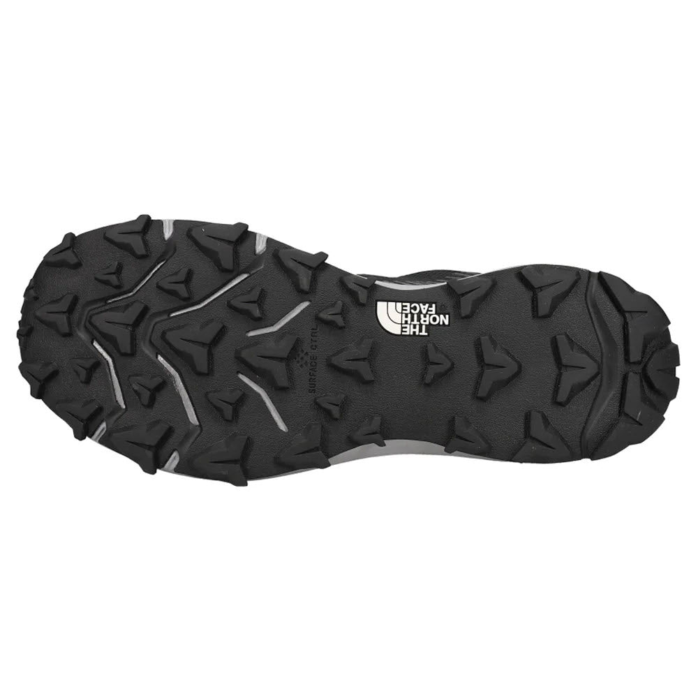 Sole of a North Face VECTIV FASTPACK LOW BLACK/GREY - MENS trail shoe with a textured tread pattern and a visible size label.